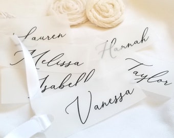 Calligraphy Vellum Wedding Name Tags with Ribbon