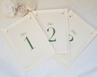 Vellum Table Numbers with Ribbon, Ivory Linen Card | Scalloped Edge, Olive Green Print