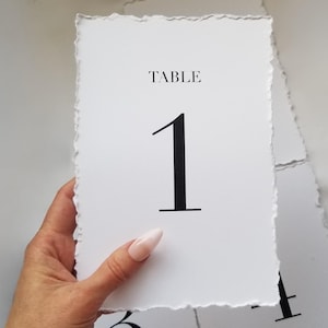 Peut inclure: Carte de numéro de table blanche avec un bord déchiré. Le mot « TABLE » est imprimé en haut, avec le chiffre « 1 » en gras, en noir en dessous. La carte est tenue par une personne.