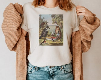 Vogel-Picknick-T-Shirt, Vintage-Grafik-T-Shirt, Vogel-T-Shirt, lustiges Vintage-T-Shirt, Raben-Shirt, Torten-Shirt, Cottagecore-T-Shirt, Natur-Liebhaber-Geschenk
