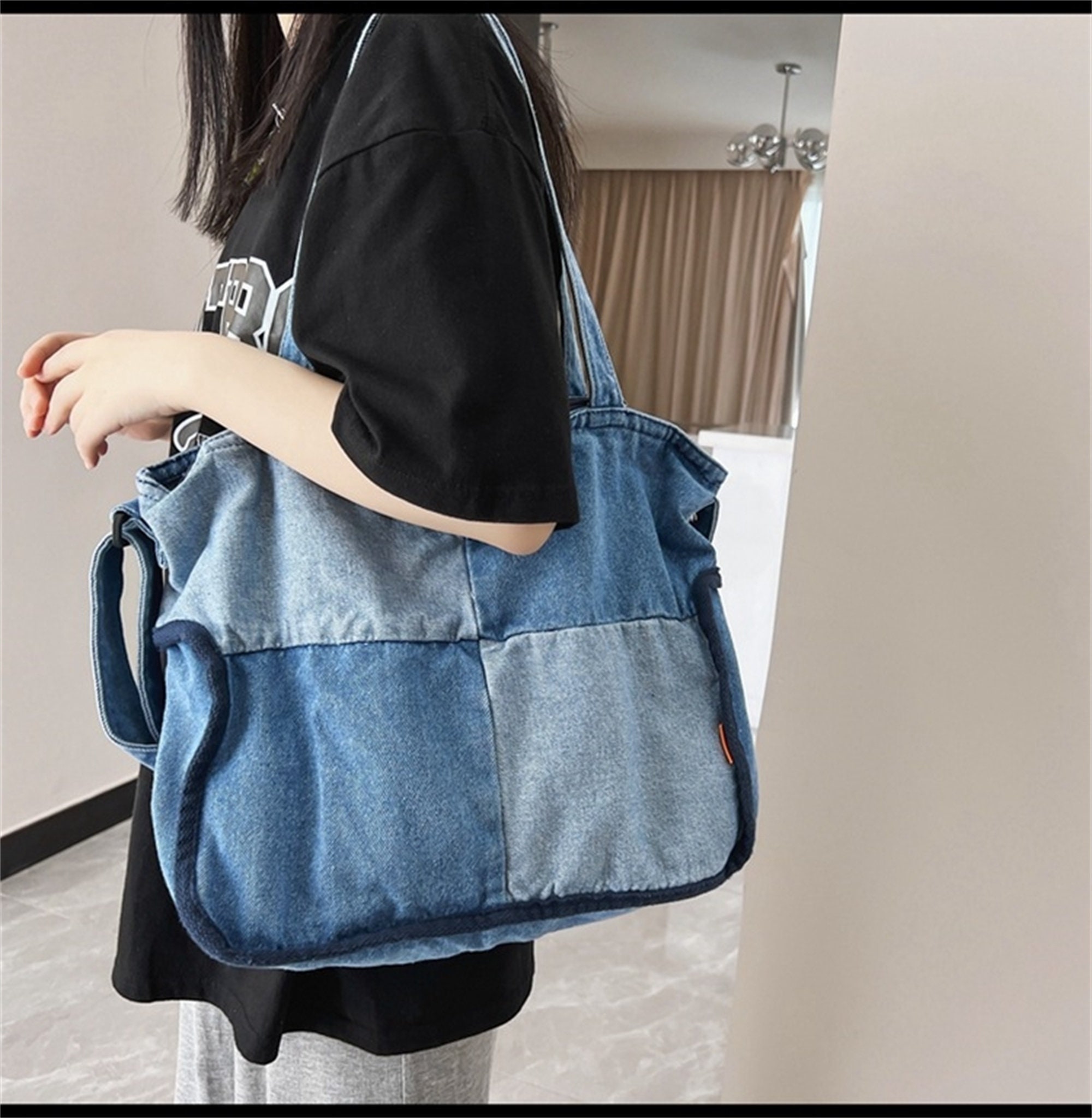 Buy Denim Tote Bag, Jean purses for women denim, Bojo Blue Jean Tote with  multiple shades of denim which make the patterns of this denim bag, jean  tote bag for women with