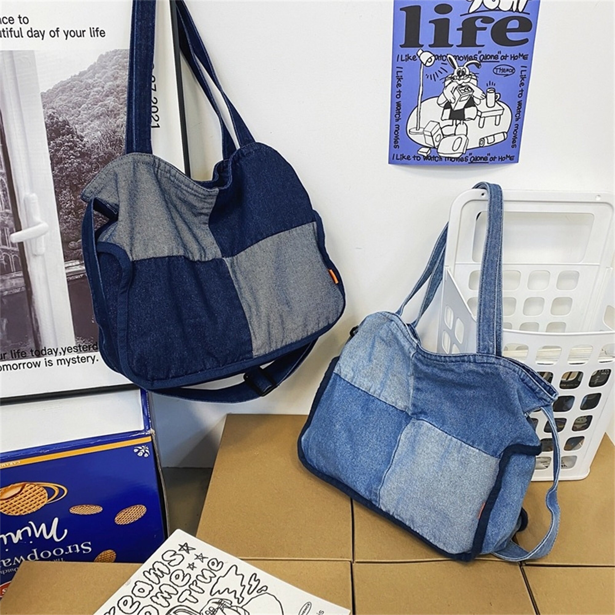 Blue Denim Tote Bag/denim Shoulder Bag/denim Crossbody Bag/messenger ...