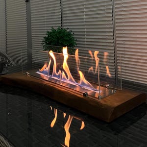 Chimenea de mesa de madera personalizada, chimenea de bioetanol moderna hecha a mano en nogal oscuro, brasero de escritorio sin humo