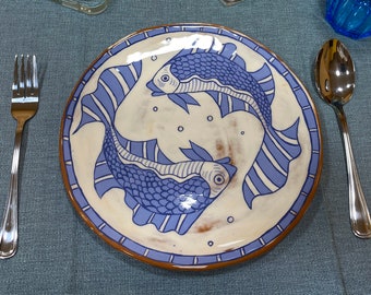 Handmade and hand-painted ceramic plate 25cm with blue fish design