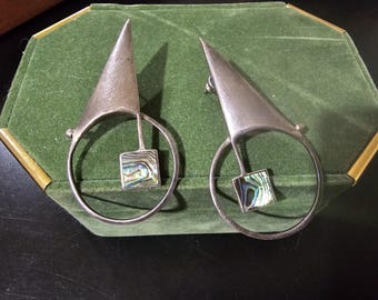 Modern Design Vintage Made Statement Large Geometric Earrings w/ Abalone & Silver  - 925 Boho