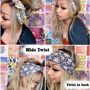 May include: Four images showcasing different ways to wear headbands. The top left shows a floral headband in a top knot style. The top right shows the same headband tied in a bow. The bottom images show a leopard print headband in a wide twist and twist in back style.