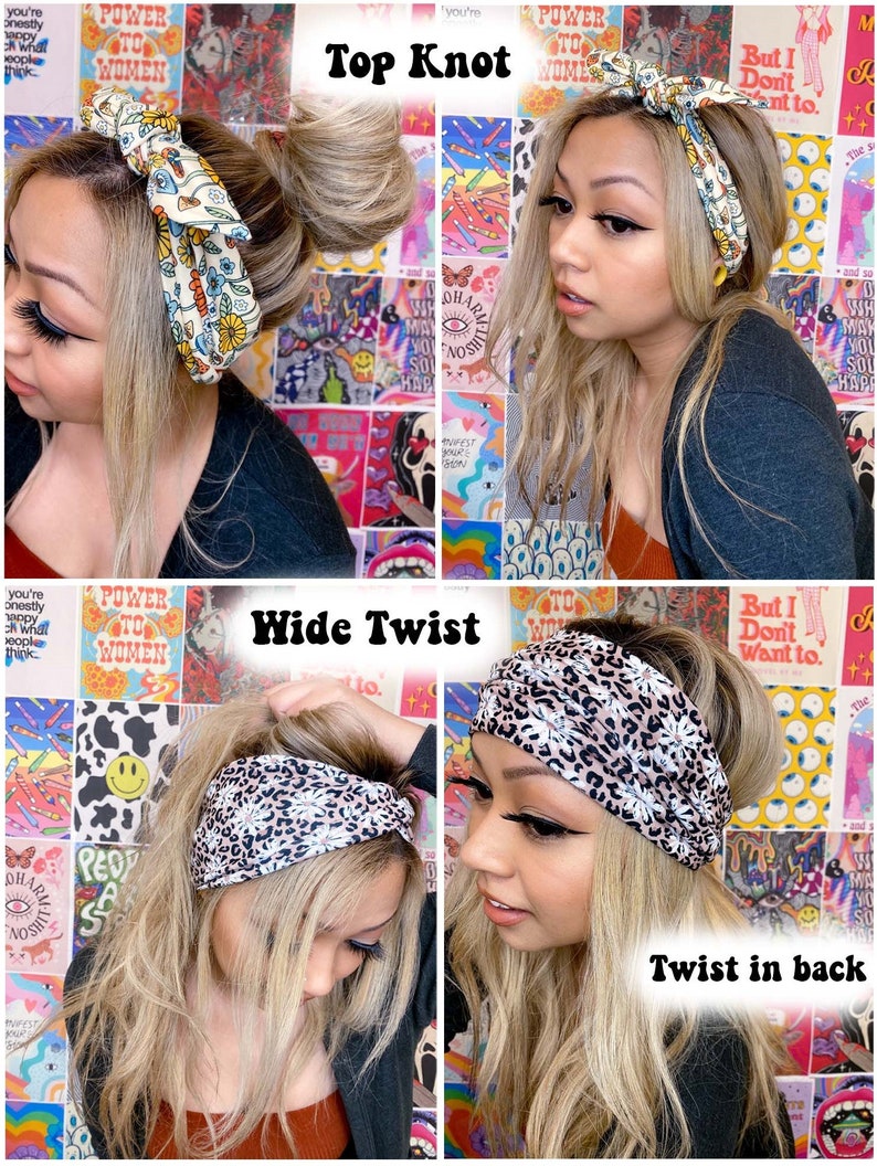 May include: Four images showcasing different ways to wear headbands. The top left shows a floral headband in a top knot style. The top right shows the same headband tied in a bow. The bottom images show a leopard print headband in a wide twist and twist in back style.