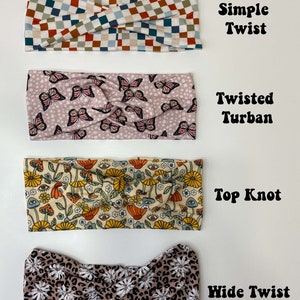 May include: Four headbands with different patterns and styles are displayed. The headbands include a checkered pattern, butterfly print, floral design, and a leopard print with white flowers. The text on the right reads "Simple Twist", "Twisted Turban", "Top Knot", and "Wide Twist".