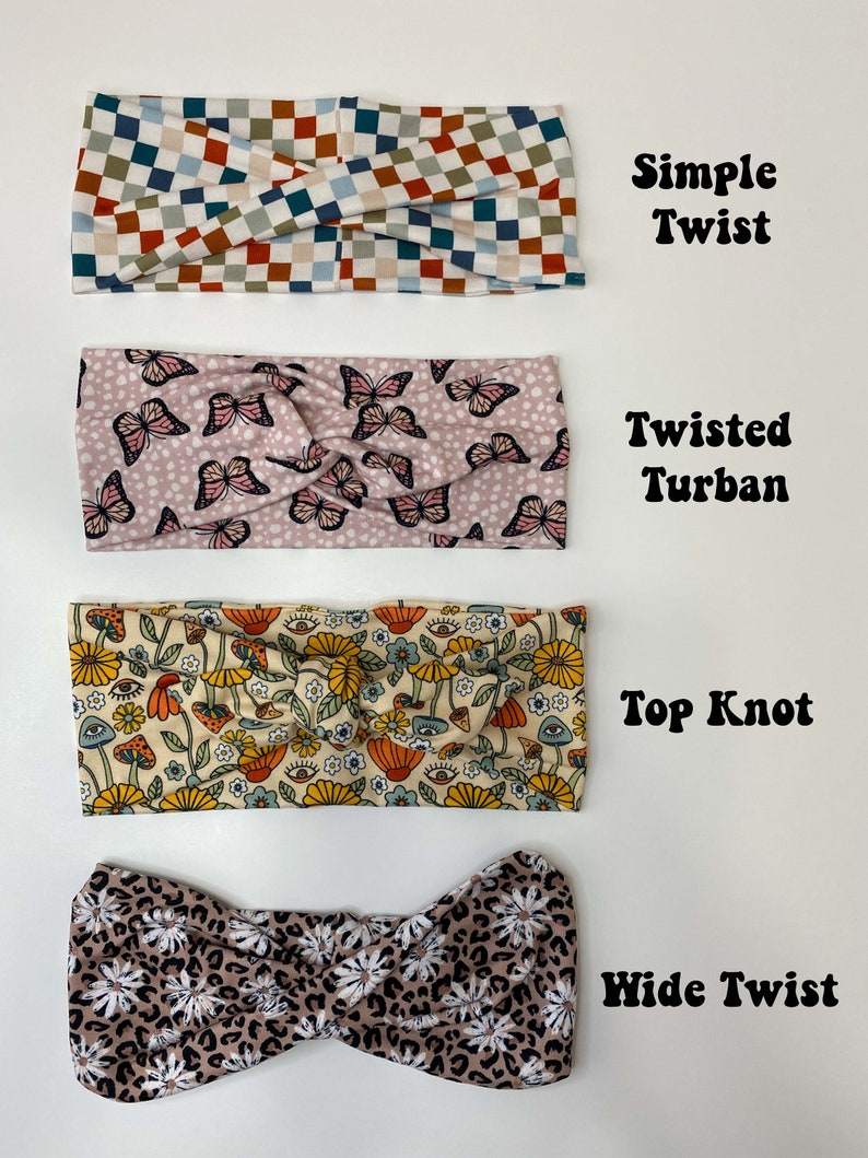 May include: Four headbands with different patterns and styles are displayed. The headbands include a checkered pattern, butterfly print, floral design, and a leopard print with white flowers. The text on the right reads "Simple Twist", "Twisted Turban", "Top Knot", and "Wide Twist".