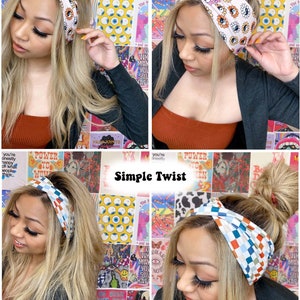 May include: A collage showcasing four headbands with different patterns and styles. Two headbands are labeled "Twisted Turban" and feature floral and eye designs. The other two, labeled "Simple Twist," display checkered patterns. The background is a colorful collage.