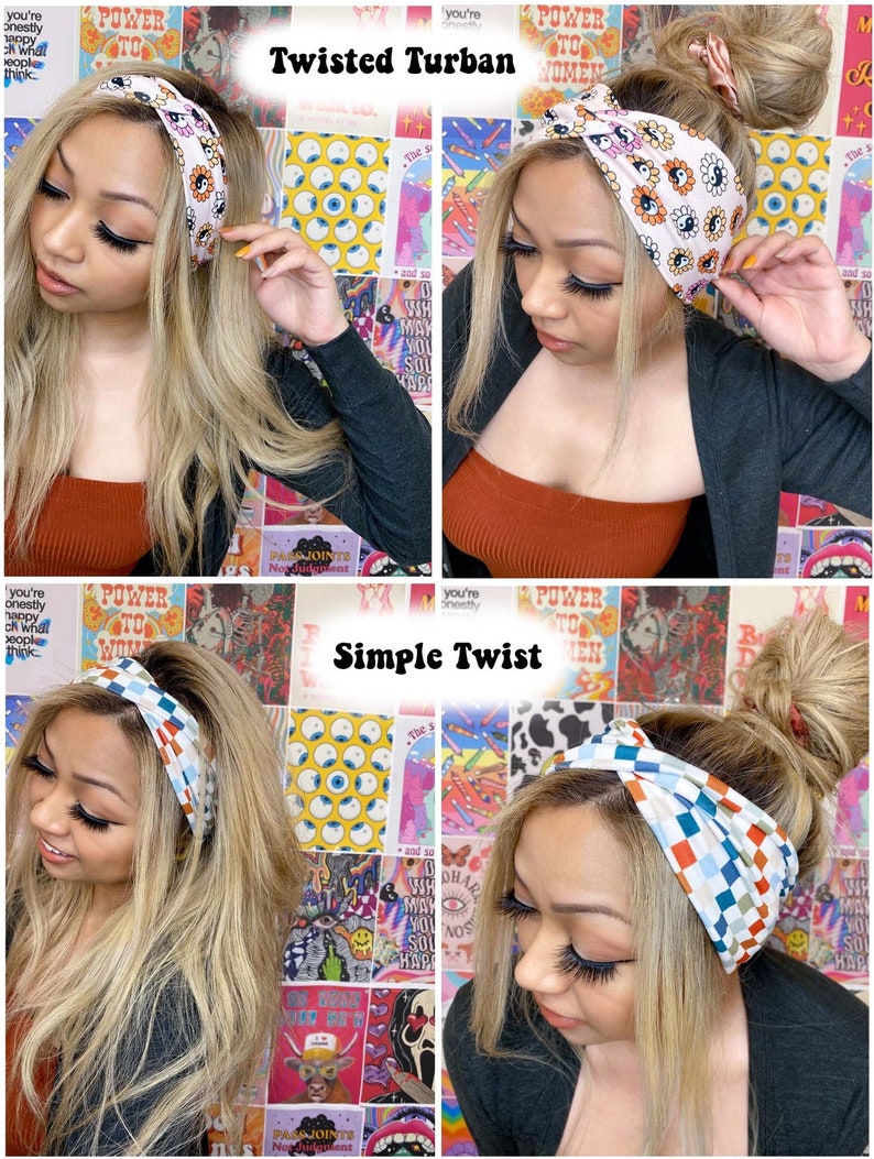 May include: A collage showcasing four headbands with different patterns and styles. Two headbands are labeled "Twisted Turban" and feature floral and eye designs. The other two, labeled "Simple Twist," display checkered patterns. The background is a colorful collage.
