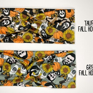 May include: Two headbands with a fall horror theme. One is taupe with pumpkins, sunflowers, butterflies, and a ghost face. The other is grey with the same design. The text "Taupe Fall Horror" and "Grey Fall Horror" is visible.