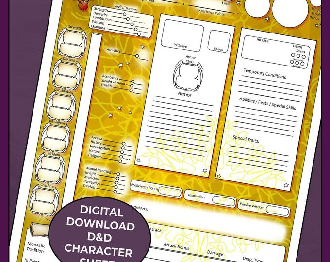 Unarmed Monk Dnd 5e Character Sheet, Form Fillable PDF Etsy