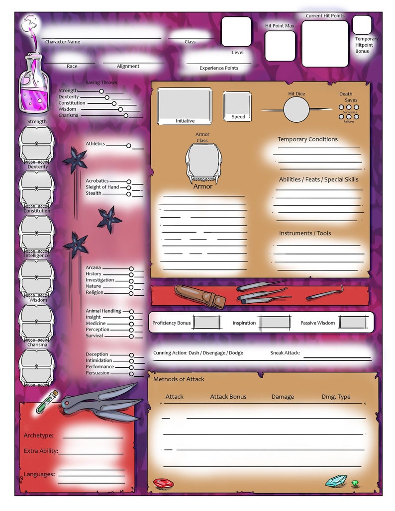Deceptive Rogue Dnd 5e Character Sheet Form Fillable PDF Etsy