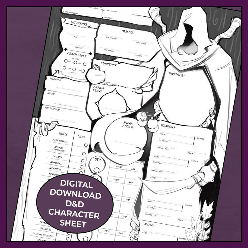 Stealthy Rogue Dnd 5e Character Sheet Form Fillable PDF Etsy