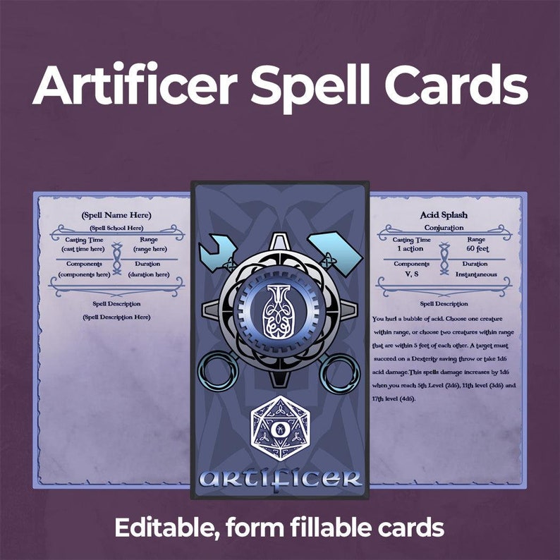 Artificer Spell Cards Blank, Form Fillable PDF, Printable Accessory