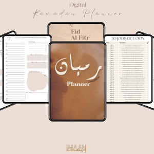 Peut inclure: Planificateur numérique du Ramadan avec une couverture marron portant une écriture arabe et le mot « Planner ». L'image montre plusieurs pages de planificateur numérique avec diverses mises en page, y compris des horaires quotidiens et des notes. Le texte « Eid Al Fitr » est également visible.
