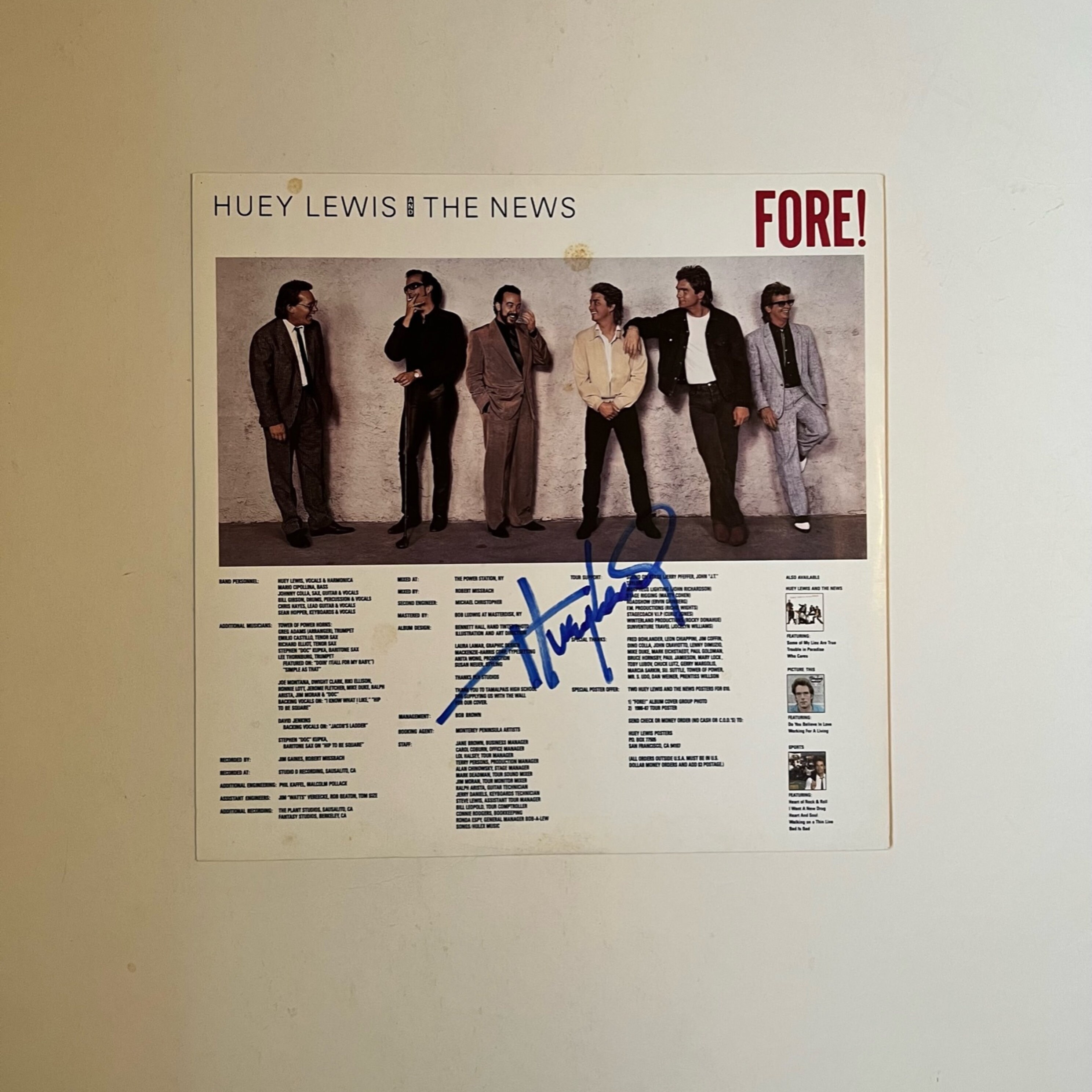 Huey Lewis Vinyl Record Inner Sleeve Autographed