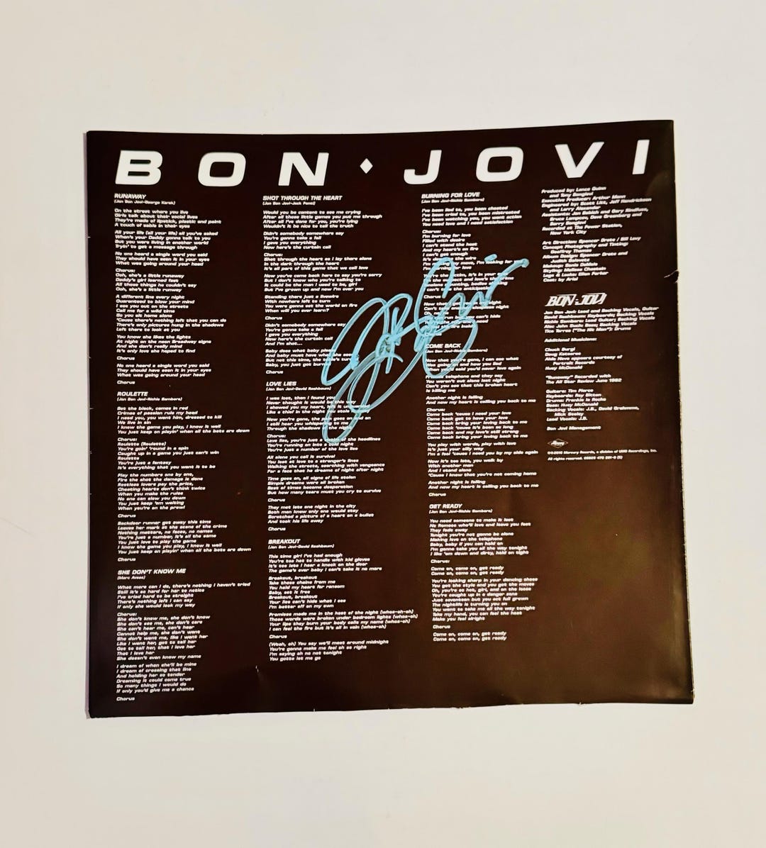 Bon Jovi Vinyl Record Inner Sleeve Autographed With Certification
