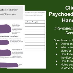 Può includere: Un opuscolo stampabile per i clienti con disturbo esplosivo intermittente (IED). L'opuscolo include sezioni sulla definizione di IED, le cause, come sentirsi meglio, come la terapia può aiutare e una sezione di note per il cliente.