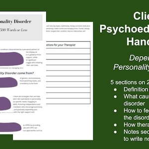 Puede incluir: Un folleto imprimible para clientes con trastorno de personalidad dependiente. El folleto está dividido en cinco secciones: ¿Qué es?, ¿De dónde proviene el trastorno de personalidad dependiente?, ¿Cómo puedo sentirme mejor?, ¿Cómo puede ayudar la terapia? y Sección de notas para que el cliente tome notas. El folleto está diseñado para ser utilizado en sesiones de terapia.