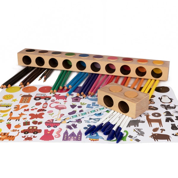 Pencil Holder with 10 and 2 holes! Washable MAT as free gift! Beech Wood Wooden Desk MAT Montessori Eco Product child children