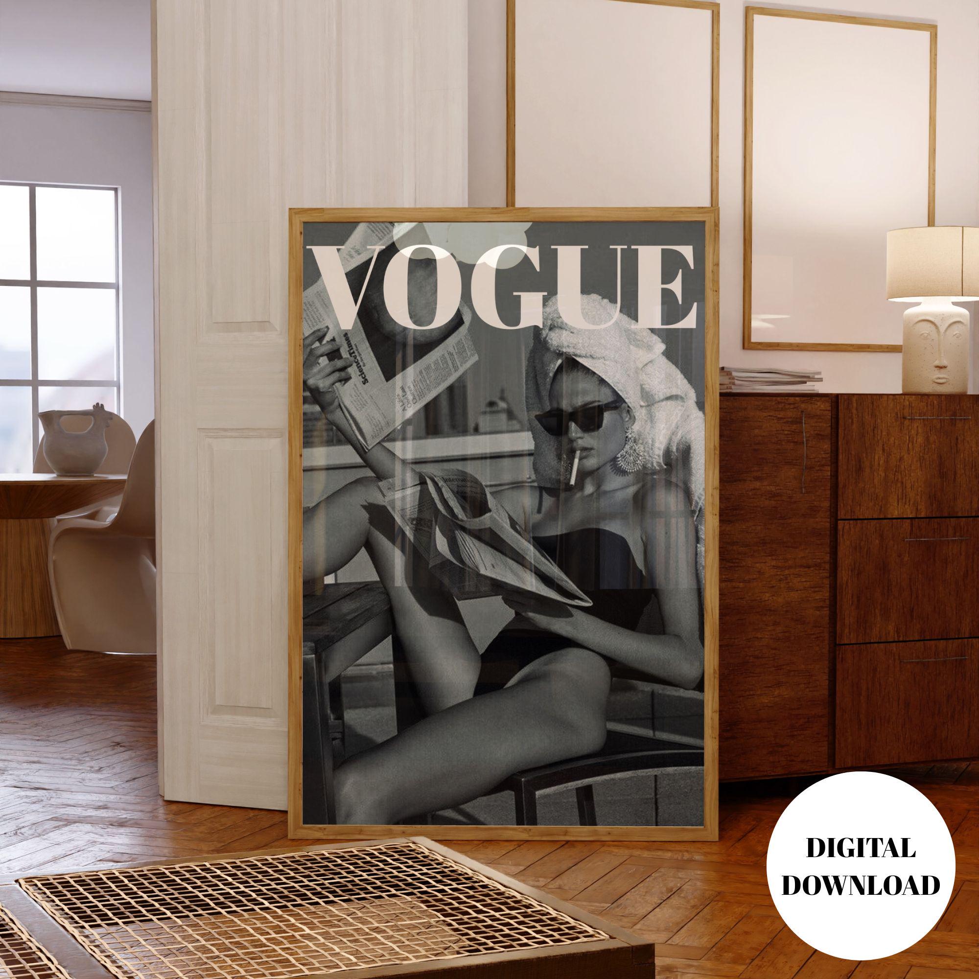 Inspirowany Vogue'iem wydruk modowy, czarno-biała sztuka ścienna, pobranie cyfrowe w stylu glamour, plakat redakcyjny, szykowna sztuka łazienkowa, styl vintage