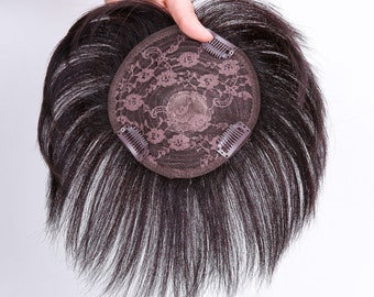Echthaar-Perücke, kurzes glattes Haar, Echthaar-Topper mit Pony, Haartopper, gerades Haarteil, flauschiges natürliches Haarteil