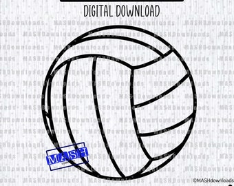 May include: Black and white line art illustration of a volleyball. The text "VOLLEYBALL" is above the image and the text "DIGITAL DOWNLOAD" is below the image. The text "SVG DXF PNG JPEG PDF" is at the bottom of the image.
