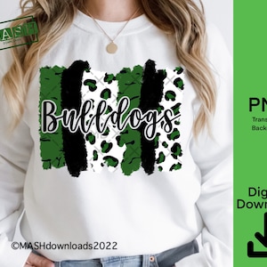Bulldogs Green Leopard PNG, sublimatie, penseelstreken tshirt ontwerp, klaar om af te drukken, juichen moeder, school teamgeest, digitale download