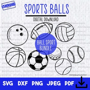 Paquete de pelota deportiva, baloncesto svg, archivos de corte Cricut, silueta, imágenes prediseñadas de fútbol, png jpeg pdf dxf, voleibol, descarga digital instantánea