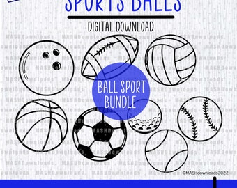 Sports Ball Bundle, Basketball svg, Cricut cut Files, Silhouette, Football Clipart, png jpeg pdf dxf, Volleyball, Téléchargement numérique instantané