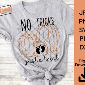 May include: A gray t-shirt with the text "NO TRICKS just a treat" and two orange pumpkins with a pair of baby footprints on one of the pumpkins.
