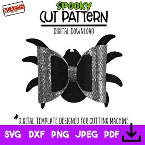 May include: A black and silver spider bow cut file for a cutting machine. The file is a digital download and includes SVG, DXF, PNG, JPEG, and PDF formats.
