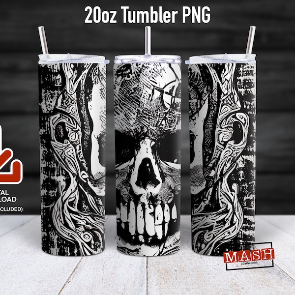 20 oz Tumbler Sublimation Design, Skull Tumbler Wrap, Black and White PNG, Creepy, Tapered and Straight, Instant Digital Download