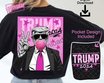 May include: A black t-shirt with a pink graphic of a man with a pink bubble blowing out of his mouth. The graphic includes the text "TRUMP 2024". The t-shirt also includes a pocket with a pink graphic of the text "TRUMP 2024".