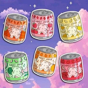 Autocollants Boisson de fruit et de légume | Ourson Brillant | mignon | Jus en Canette | Couleur Arc-en-ciel | Cadeau dessiner à la main