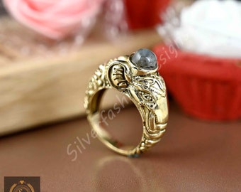 Silber Ganesha Elefant Ring mit Labradorit - Messing Tier Ring