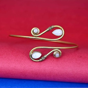 Gold Moonstone Upper Arm Cuff Arm Band Spiral Handmade Made of Brass, Jewelry