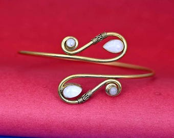 Gold Moonstone Upper Arm Cuff Arm Band Spiral Handmade Made of Brass, Jewelry