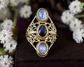 Labradorite Moonstone Ring: Adjustable Brass Boho Jewelry