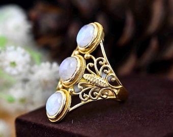Rainbow Moonstone Ring: Gold Butterfly, Antique Style