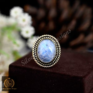 Natural Rainbow Moonstone Brass Ring - Blue Fire Oval Gemstone