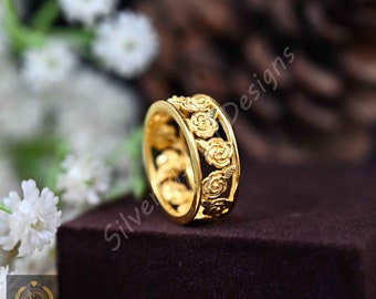 Rose Flower Gold Eternity Flower Ring, Boho Ring, Statement Ring, Rose Ring, Women&#39;s Thumb Ring, Birth Flower Rose Ring, Birthday Gift Idea