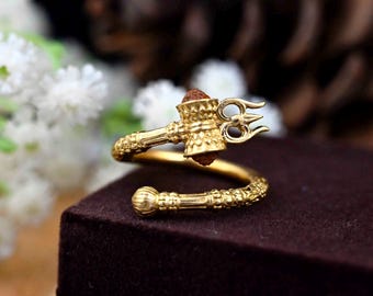 Om Shiv Trishul Brass Ring: Rudraksha Yoga Meditation Jewelry