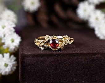 Gold Leaf Garnet Ring: Red Gemstone Branch Ring