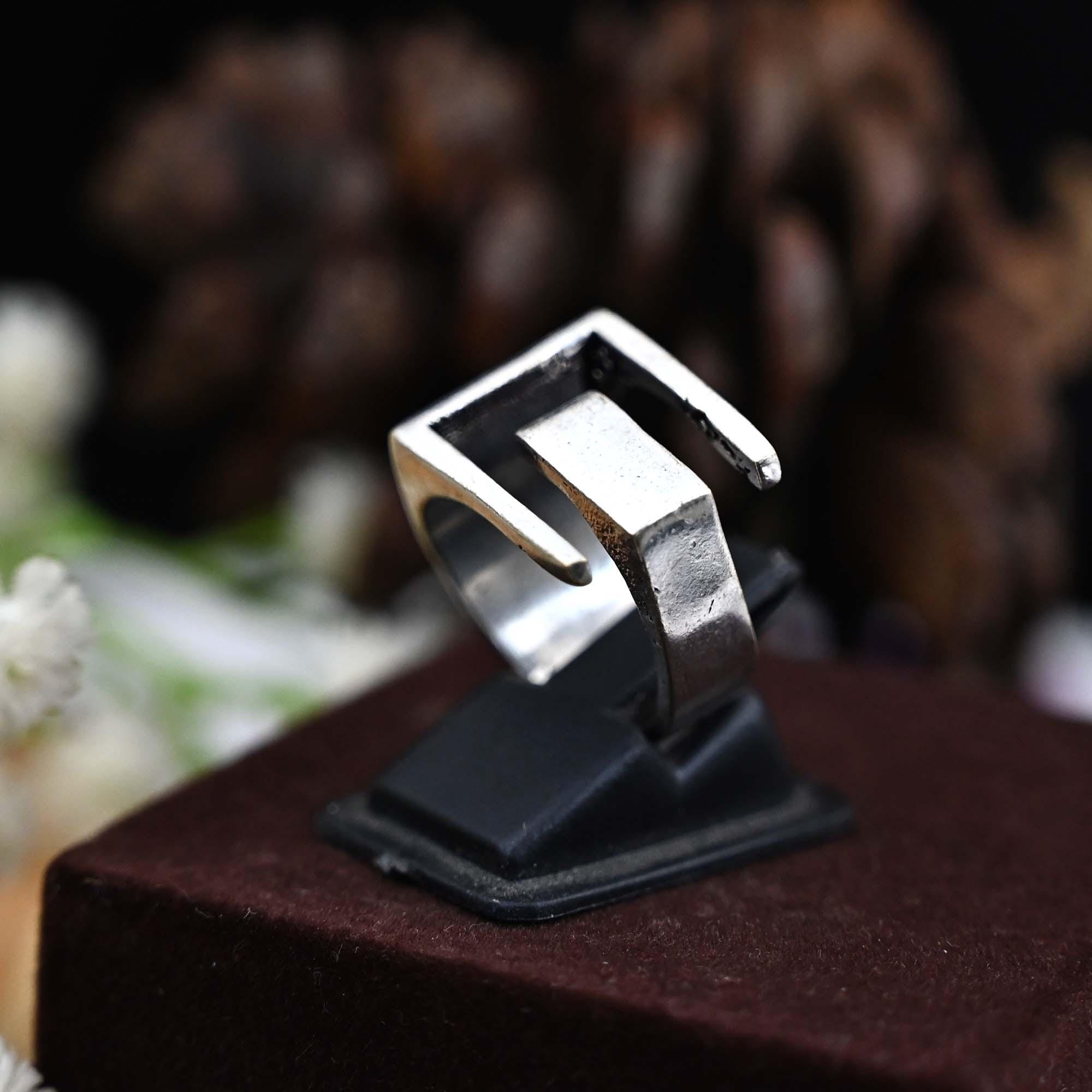 Antique silver geometric ring, big statement abstract modern ring boho jewelry - gift for her, unisex strudy large square wide band ring