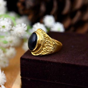 Black Obsidian Brass Ring: Oval Gemstone, Silver/Gold Plated