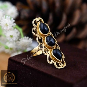 Black Obsidian Gold Ring: Natural Gemstone Boho Statement Ring