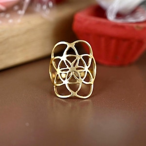 Brass Seed of Life Ring: Gold Flower, Boho Geometric Jewelry